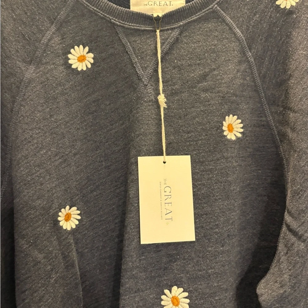THE GREAT. THE SLOUCH SWEATSHIRT W/ DAISY EMBROIDERY HEATHERED VINTAGE BLUE NWT - Picture 5 of 7